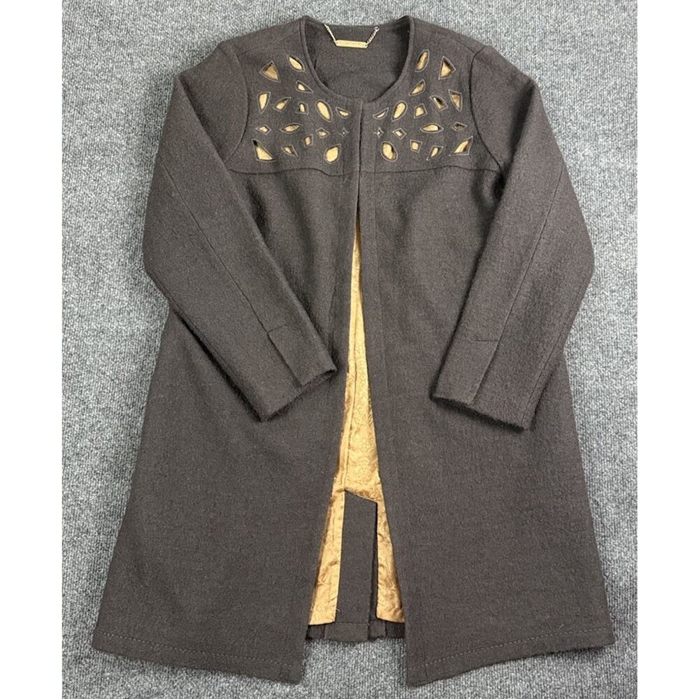 Soft Surroundings Brown Wool Open Front Coat Cardigan Medium Gold Detail